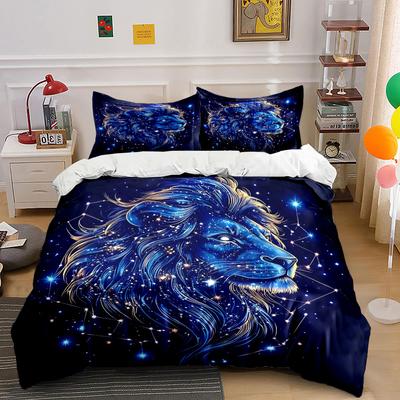 Blue Lion In Starry Sky Bedding Set For Kids Luxury Gift 3Pcs Digital Print Comforter Set Soft Comfortable Breathable