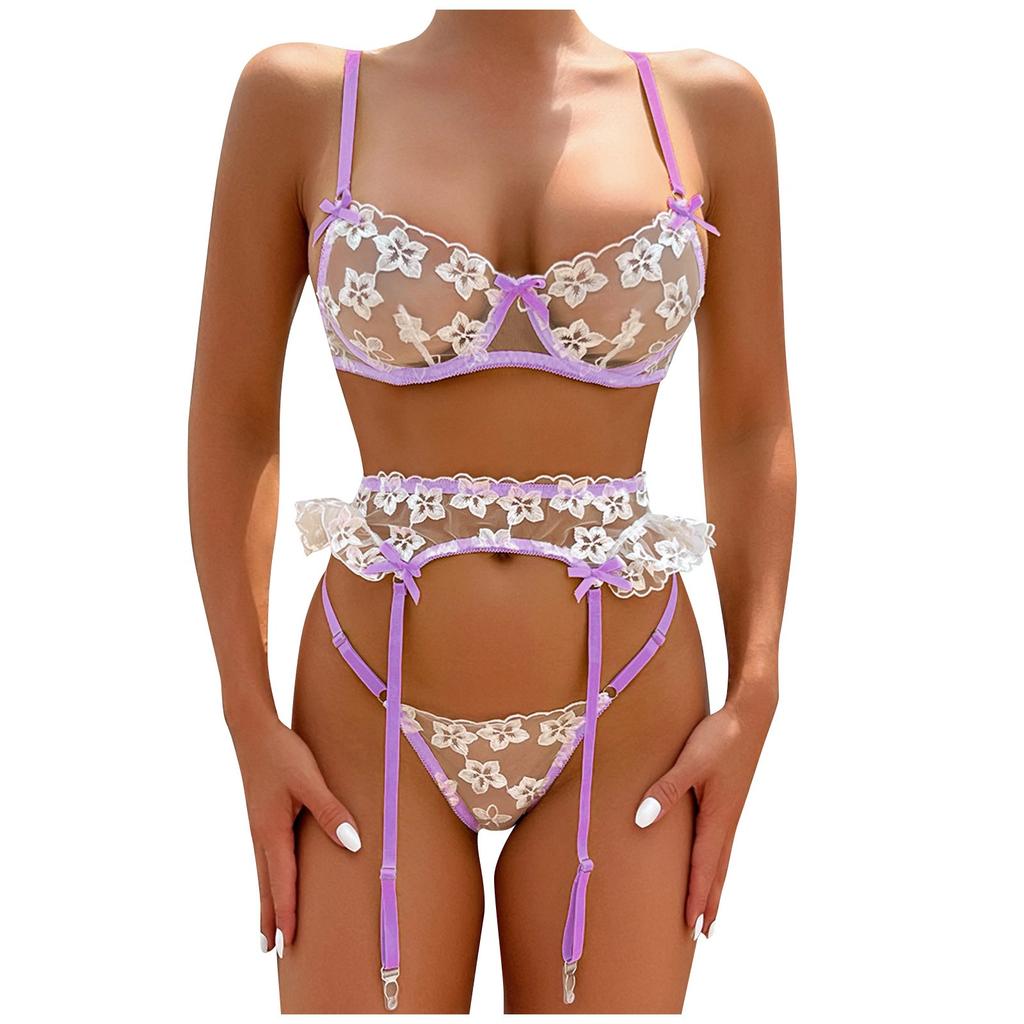Floral Embroidered Underwire Bra Set with Adjustable Straps and Garter Belt Sheer Lace Lingerie Set with Thong and Garters