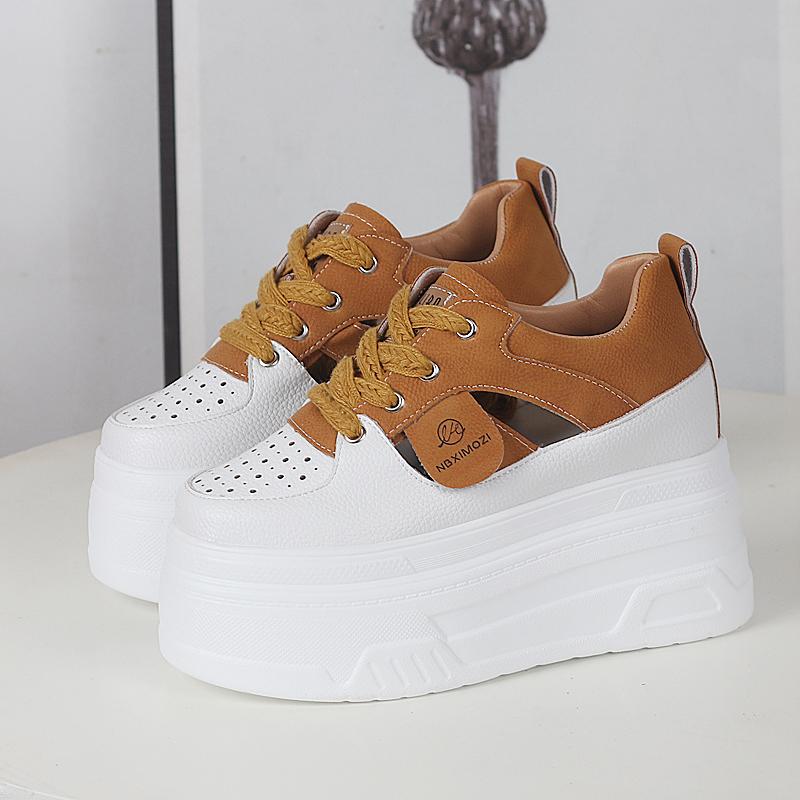Fashion 12CM Genuine Leather Vulcanized Platform Wedge Casual Women Summer Shoes Fashion Sneakers Hollow Heels Increase Shoes