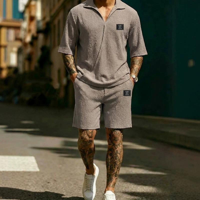 Mens Light Blue Terry Cloth Polo Shirt and Shorts 2-Piece Set