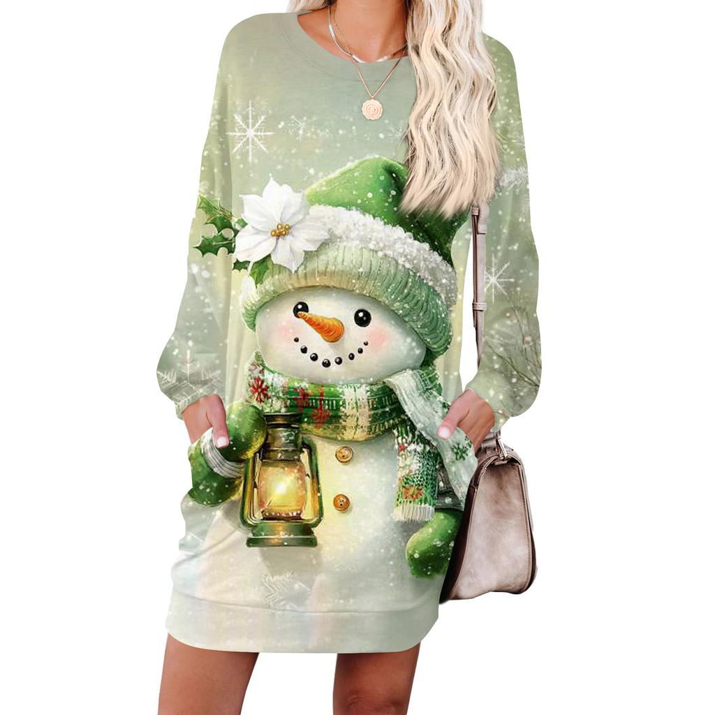 Damska modna sukienka z długim rękawem, z okrągłym dekoltem i kieszenią, w nadruk płatków śniegu