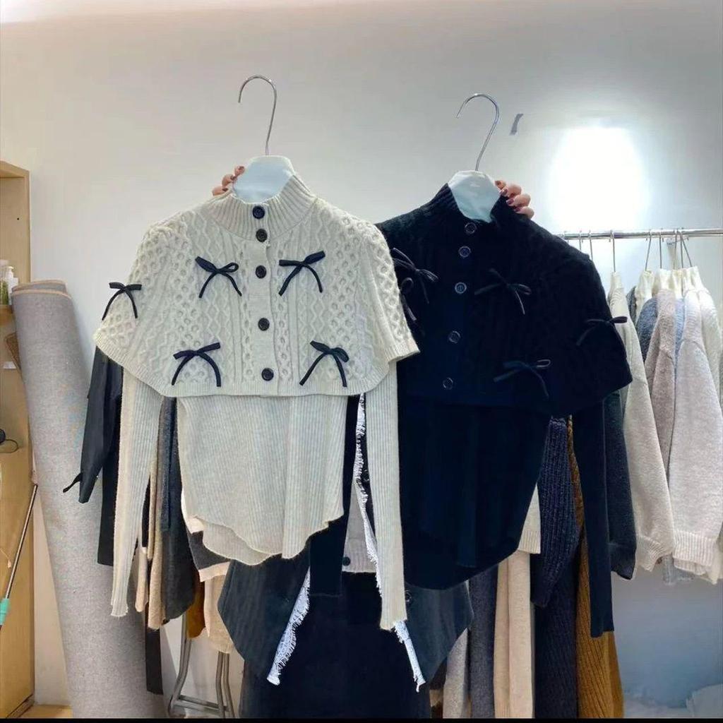 Maillard Style Women's Slim Fit Poncho Cape Bow Knitwear for Autumn/Winter