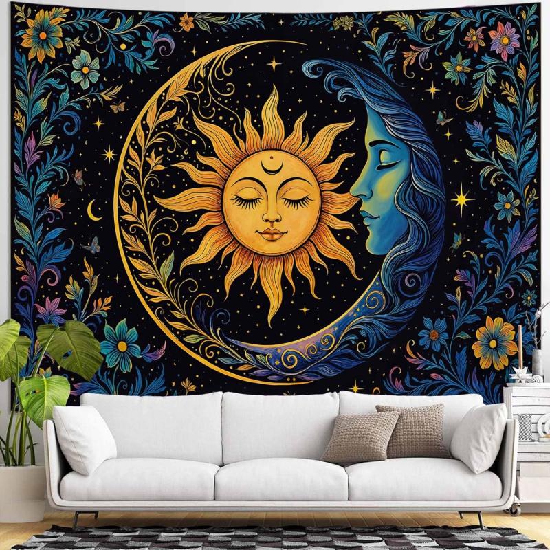 VIKAMA Tapiz Sol Luna Dormitorio Hippie Bohemio Flor Tapiz de Pared Flor Retro Plantas Espíritu Celestial Gran Tapiz