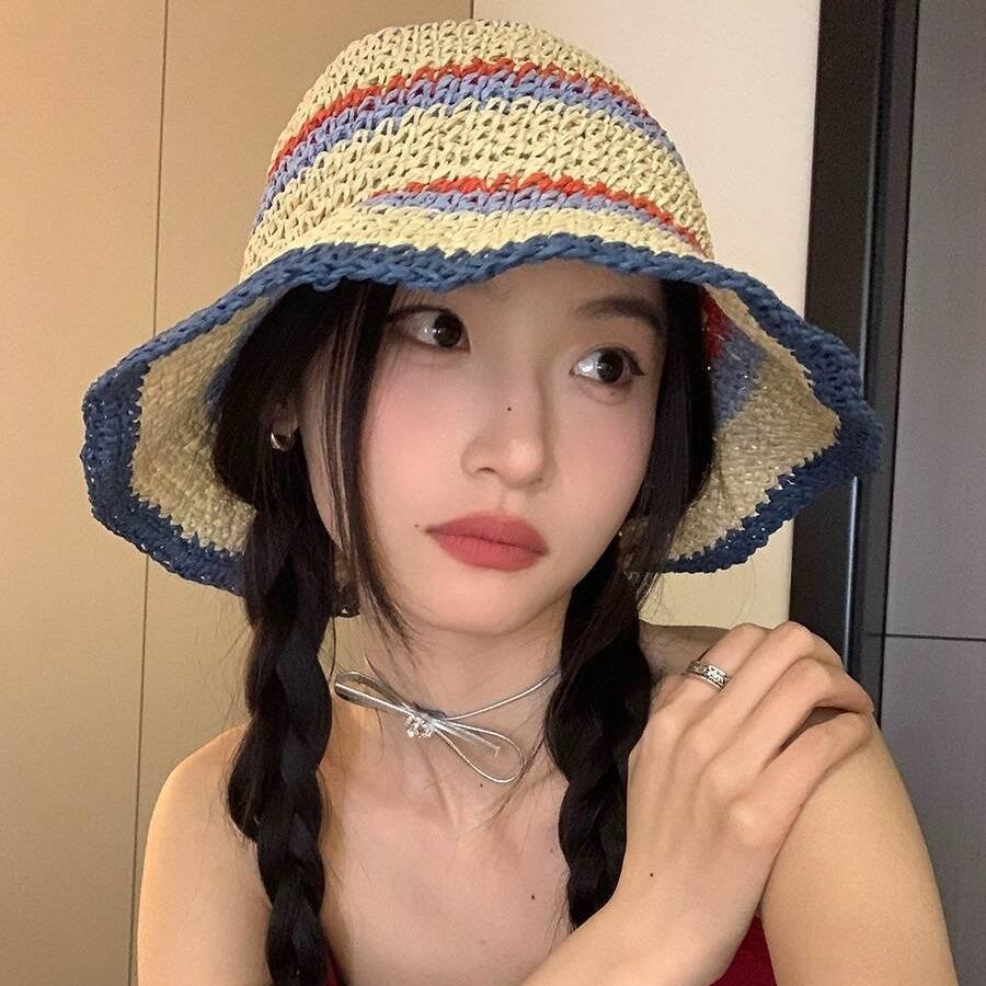 

Hyunya style color matching striped sun hat women s summer Korea hand-woven straw hat vacation beach sun hat M (56-58cm) edge striped straw hat