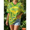 T-shirt da donna estiva con scollo a V Maglietta da calcio brasiliana Maglia da donna con gradiente giallo verde Asciugatura rapida nuova T-shirt brasiliana