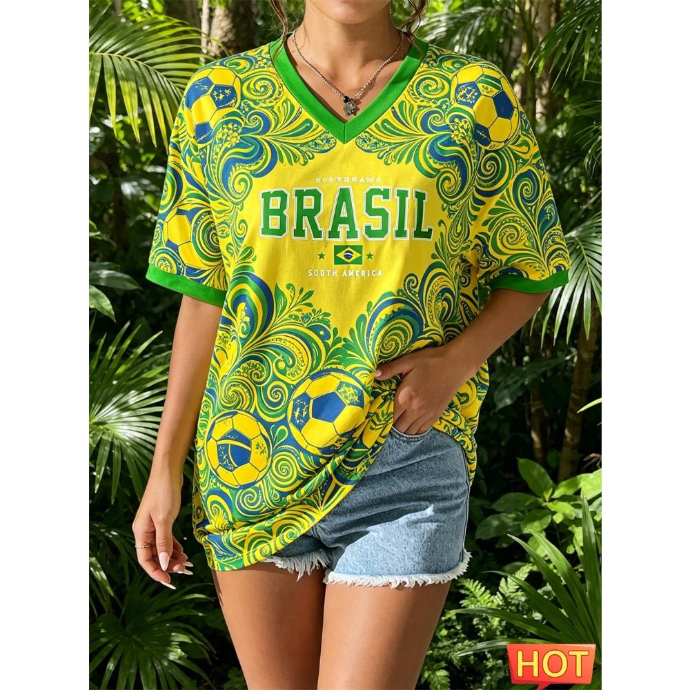 T-shirt da donna estiva con scollo a V Maglietta da calcio brasiliana Maglia da donna con gradiente giallo verde Asciugatura rapida nuova T-shirt brasiliana