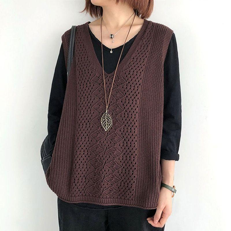 

Весенне-осенний ажурный женский вязаный жилет без рукавов, свитер без рукавов с V-образным вырезом, вязаный топ большого размера XL кофейный