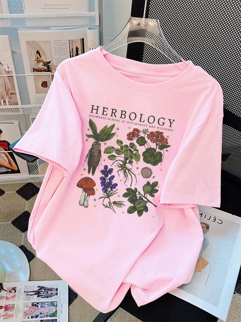Summer T-Shirts Women Cotton Herbology Plant Composition Printed Tops O-Neck Comfortable Loose Short Sleeve Casual Woman Clothes