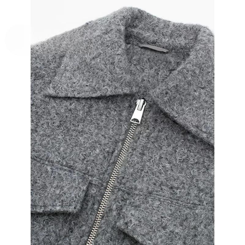 Women Fashion with Pockets Grey Front Zipper Jackets Vintage Lapel Neck Long Sleeves Female Chic Lady Outfits