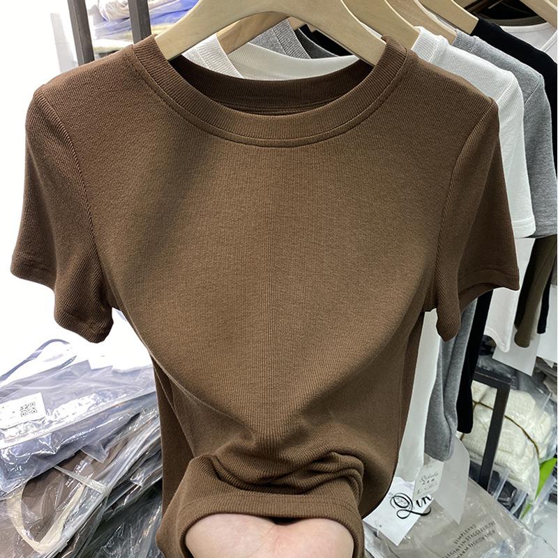 Tricou slim fit cu guler rotund pentru femei 2024 – elastic, cu fir și versatil pentru vară