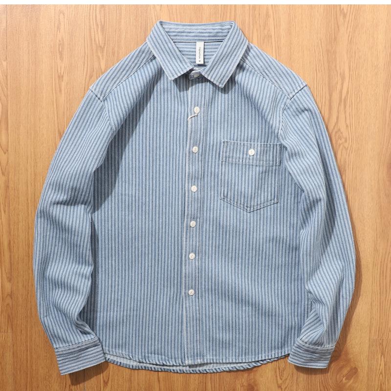 

Men s American Retro Stripe Denim Shirt - Trendy Long Sleeve Jacket for Spring & Autumn XL светло-синий