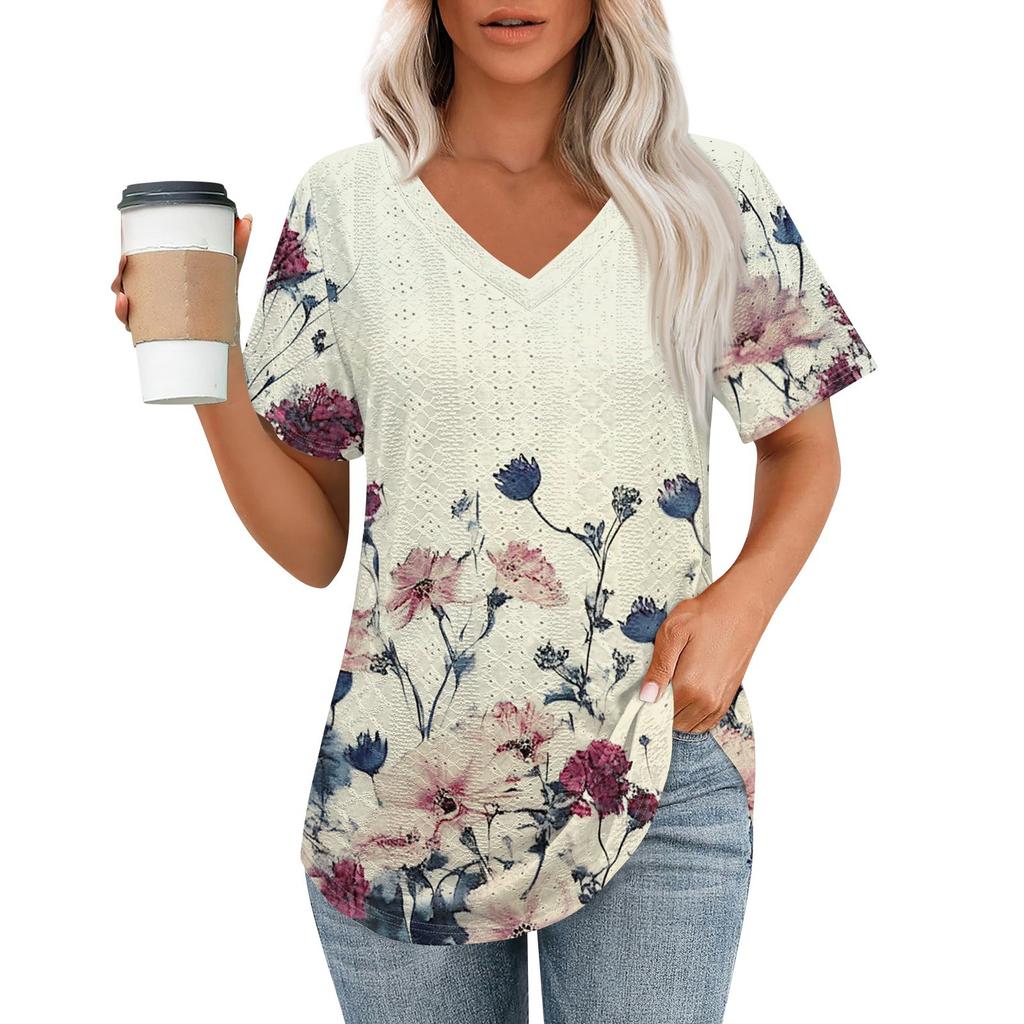 Womens T Shirts V Neck Short Sleeve Casual Tops Loose Fit Basic Tees With Curved Hem