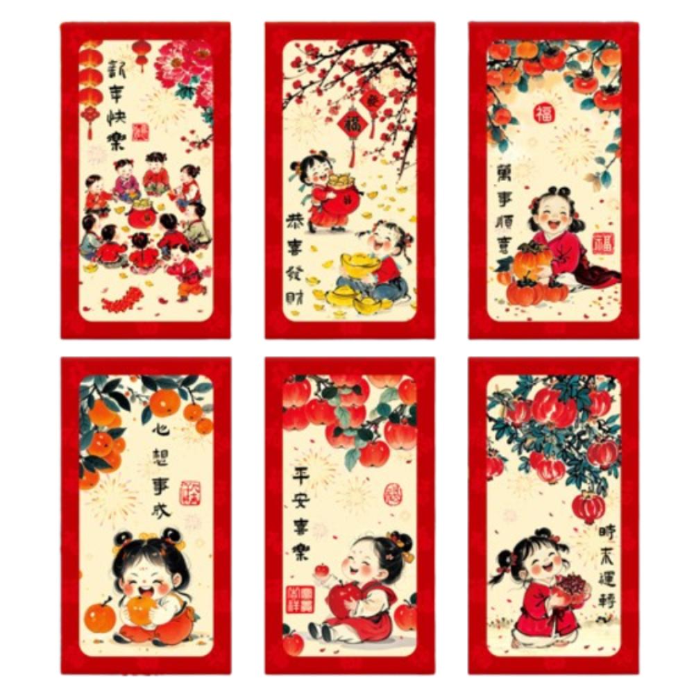 6pcs Oil Painting Style Chinese New Year Red Envelopes Traditional Red Pocket  Lunar New Year Gifts