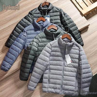 Jaqueta Masculina Leve de Algodão com Penas e Gola Alta - Cor Sólida, Quente, Versátil, Roupa Casual de Inverno