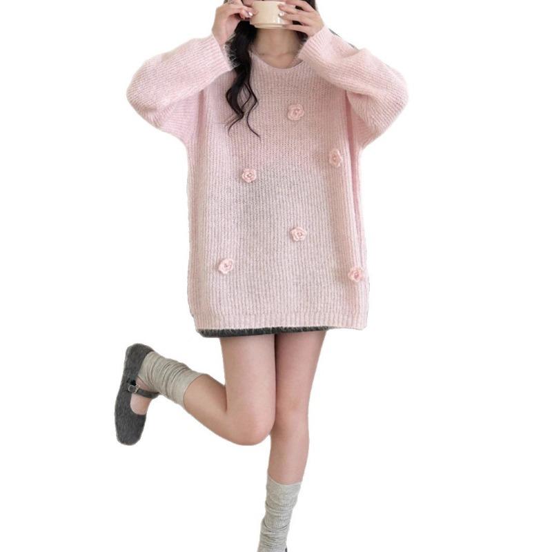 Autumn and winter new soft waxy loose three-dimensional flower knitted sweater top sweet gentle wind sweater pullover woman