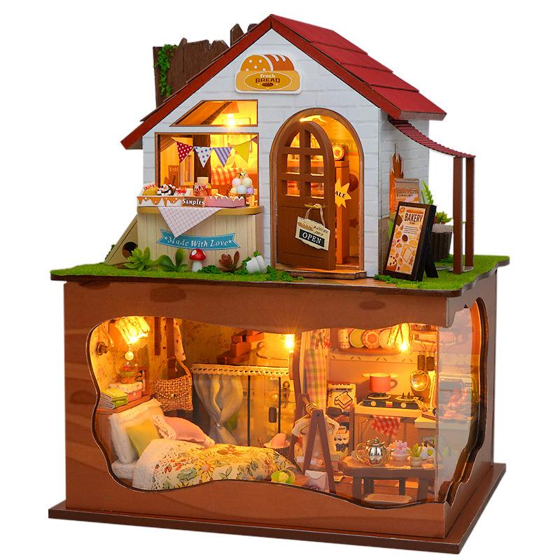 DIY Wooden Bakery Store Casa Doll Houses Miniature Model Kits Forest Bedroom Dollhouse Furniture Girls Birthday Gifts