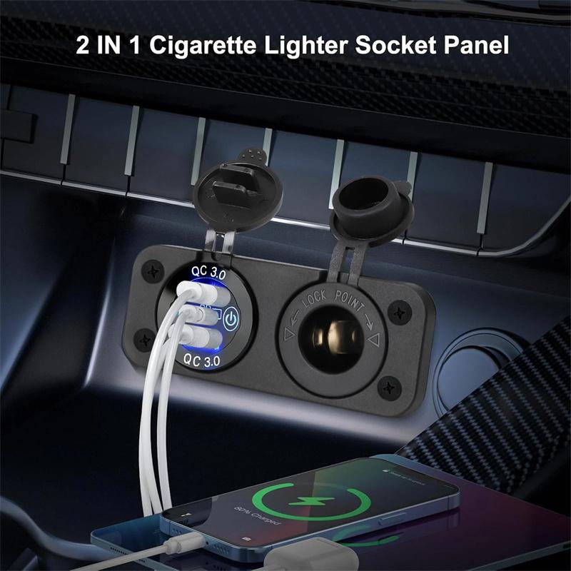 Qc3.0 Lighter Outlet Waterproof 12V/24V Dual Usb Type-C Car Charge Socket With Touch Switch For Car Motorcycle Rv Boat