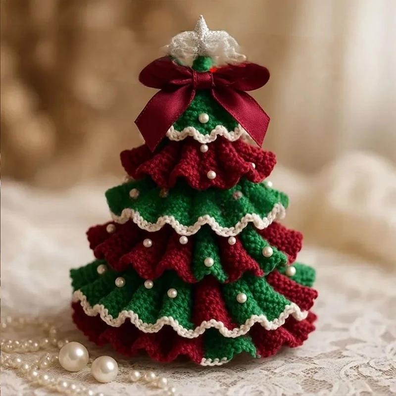 DIY-Häkel-Weihnachtsbaum-Set mit Schleife und Kunstperlen-Dekoration, Bastelstarter-Set, handgefertigter Häkel-Weihnachtsbaum, Heimdekoration
