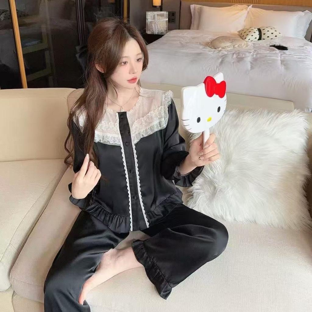 1011 new sweet lace court style pure desire pajamas women's ice and snow silk long-sleeved loungewear can be worn outside