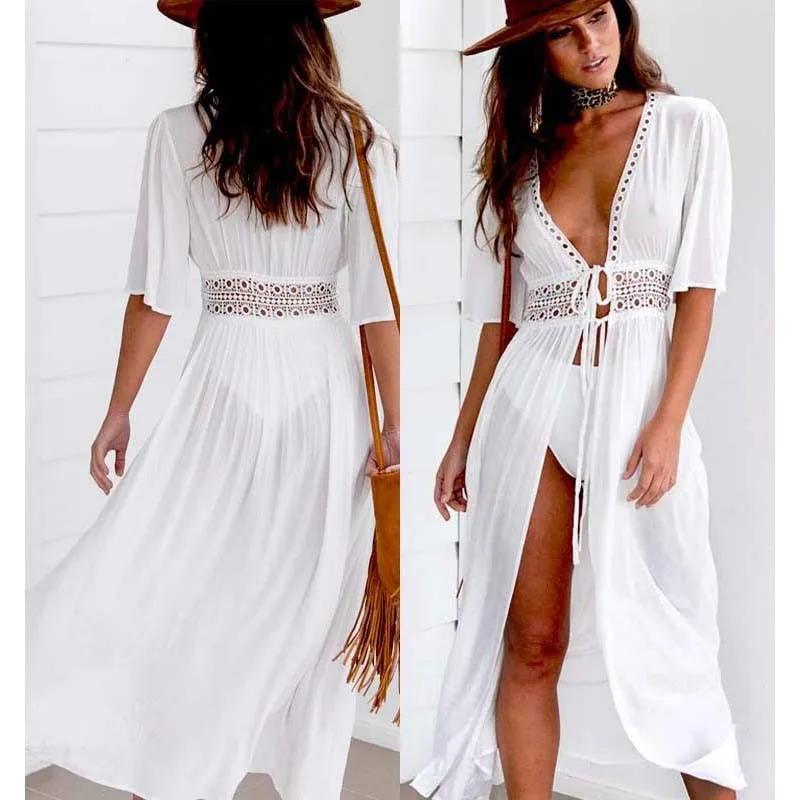 Abito da spiaggia taglie forti S-3XL per donna nero solido bianco pizzo abbigliamento da spiaggia protezione solare vestiti maglia copricostume da spiaggia per donna