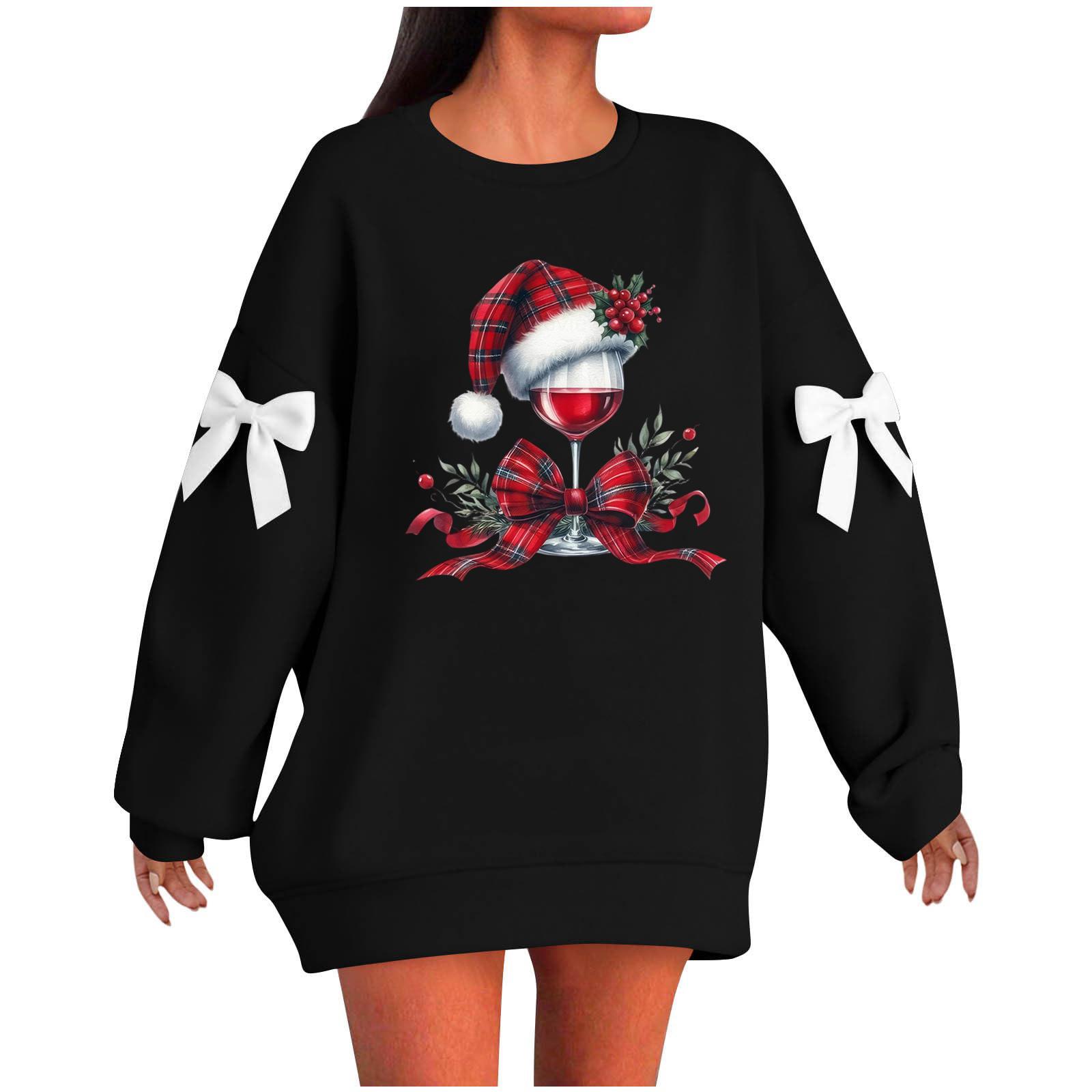 

Ladies Christmas Printed Bow Round Neck Long Sleeved Loose Pullover Sweater Sweatshirt Top S
