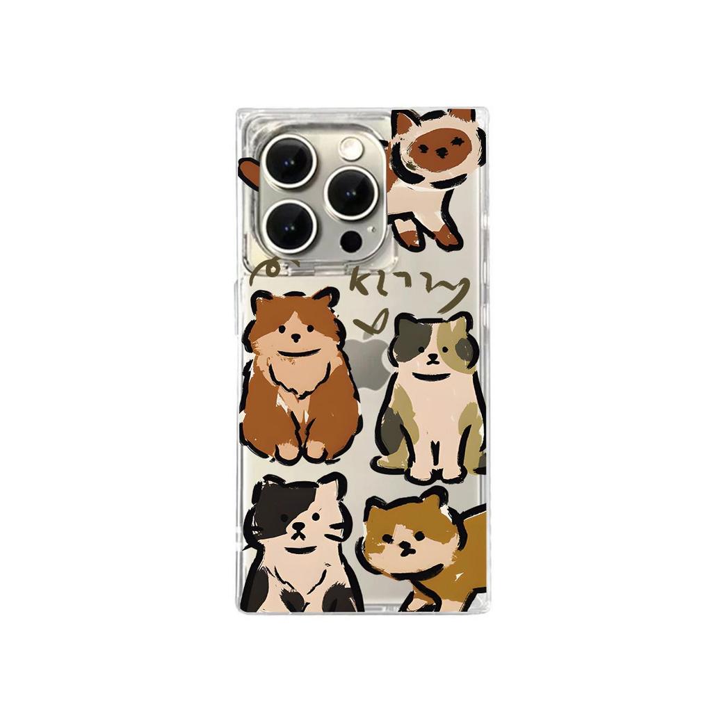 Square Back Tube Protection Clear Case For iPhone 11 15 Plus 16 ProMax 12 13 14 Pro Max Anti-Oxygen,Cartoon Cat Pattern Casing