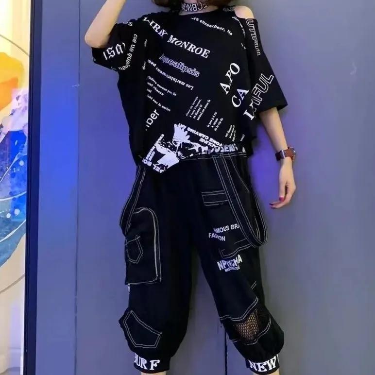 Women's Summer Loose Irregular Short-sleeved + Seven Pants Suit Suit Suit Printed Letters Two-piece Set