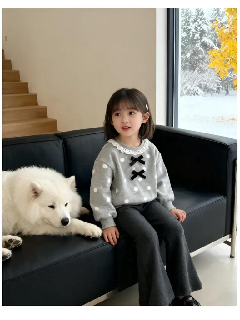 Korean Girls' Autumn Lace Bowknot Hoodie and Flare Pants Set, 2025 New Style