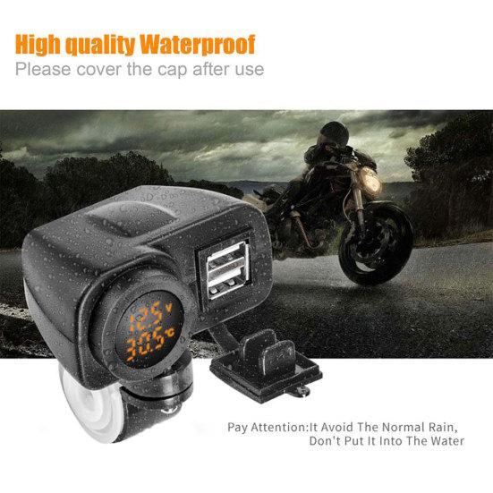Motorcycle Motorbike Dual USB Charger LED Digital Voltage Display Thermometer
