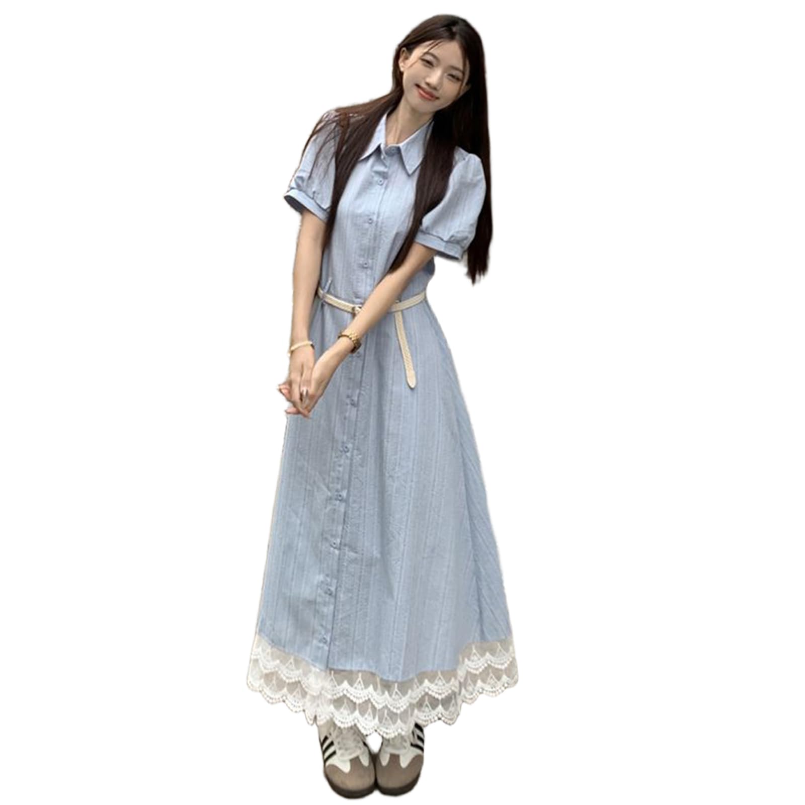 

LAVASEON Long Shirt Dress with Striped Pattern and Waist Flattering Spring Faux High Office Wear Women s Belt, Wear, Lace, Sleeves, Layered, A-Line, синий