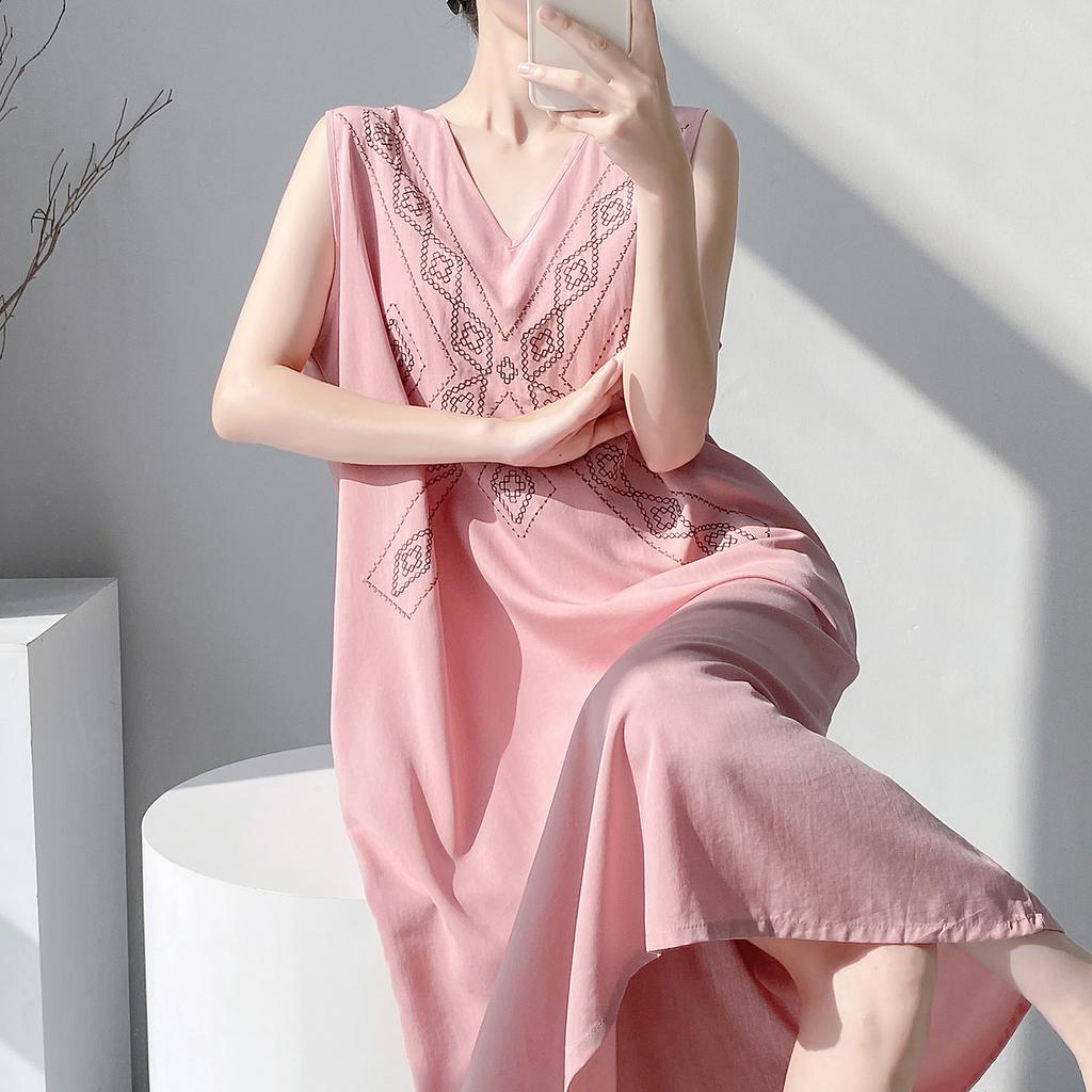 Literary style embroidered cotton silk nightdress women's summer artificial cotton with chest pad pocket loungewear can be worn outside dress thin