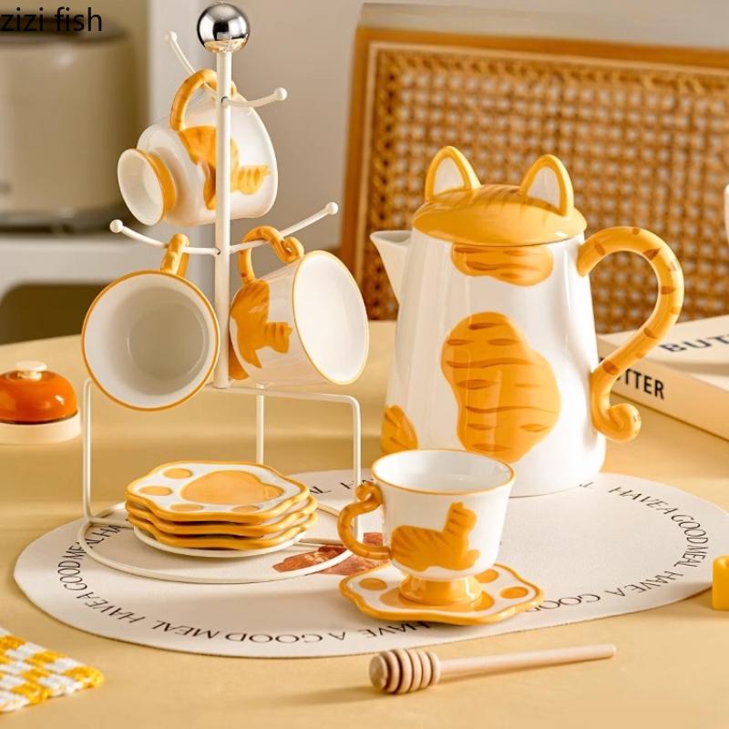 Cartoon Cat Ceramic Beverage Set Large Capacity Kettle Water Cup Cold Water Kettle Water Bottle Flower Tea Pot Coffee Cup