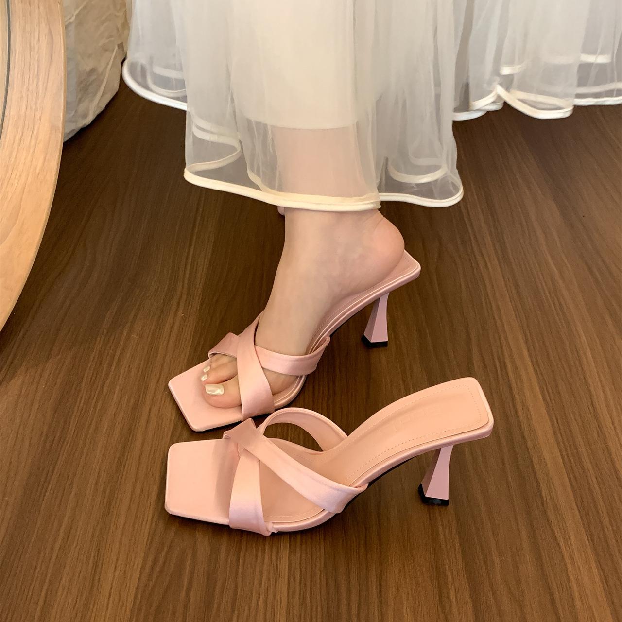 High Heeled Slippers Women Outside Retro French Open Toed Slim Heel Sandals Women s Summer Outerwear Style Ladies Shoes 35 розовый