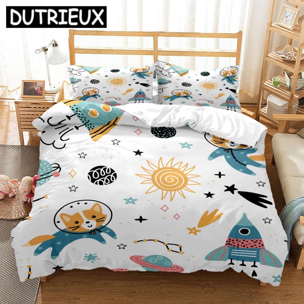 King/Double Size Hd Print Space Animals - Themed Bedding Set With Duvet Covers And Pillowcases For Children'S Beds