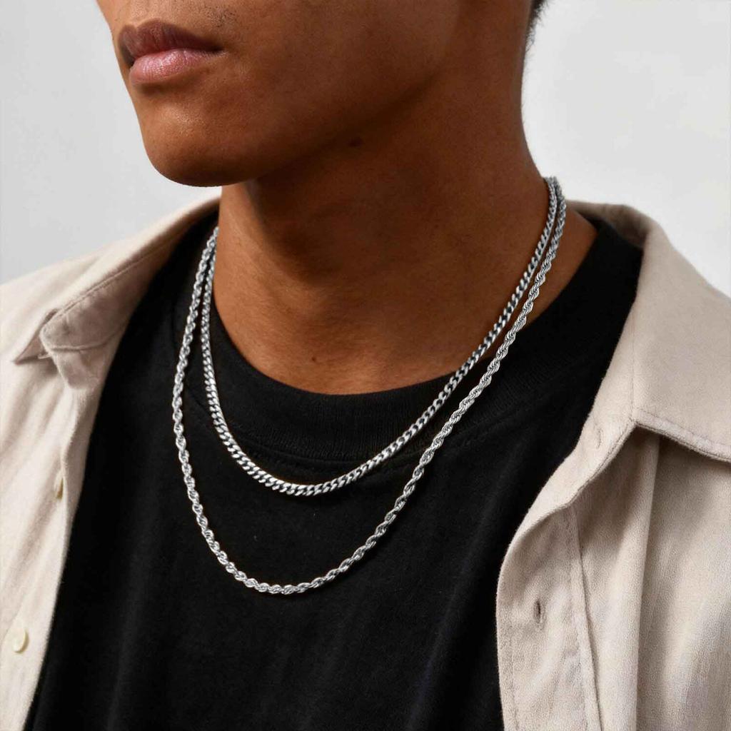2pcs Trendy Chain Necklace for Men Boys,Stainless Steel Silver Gold Color Cuban Chain Collars,Box Chain Twisted Rope Chain Gift