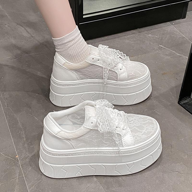 Fashion 7.5CM High Platform White Shoes Women New 2025 Summer Breathable Lace Mesh Chunky Sneakers Designer Thick Sole Sports Shoes