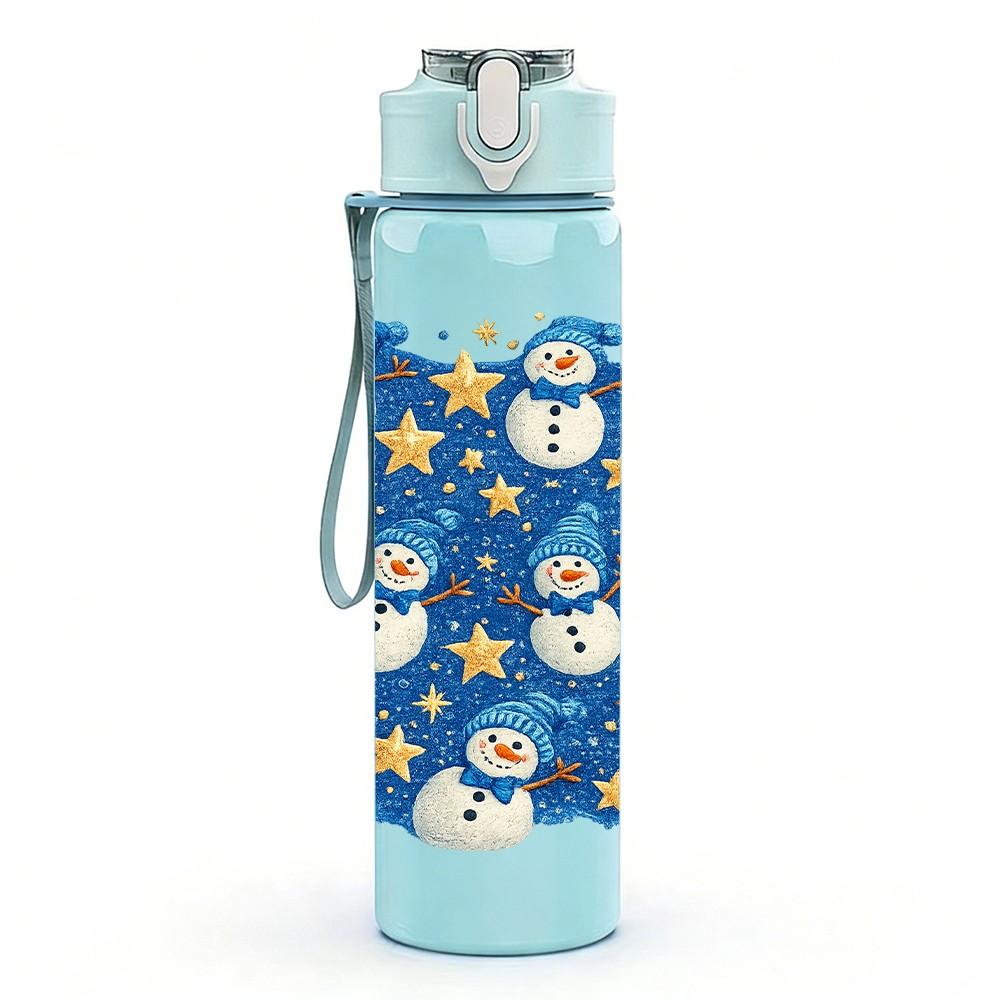 1PC Blue Base White Snowman Repeat Print 750ml Color Plastic Sports Water Bottle Leakproof Flip Straw Lid Suitable for Sports Office Home Use