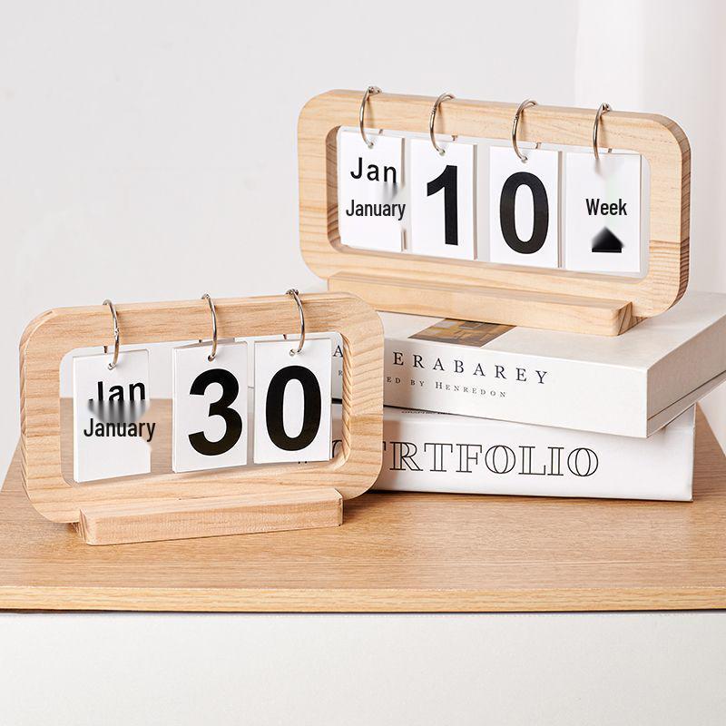Retro Wooden Flip Page Desk Calendar Ornament for Bedroom or Living Room