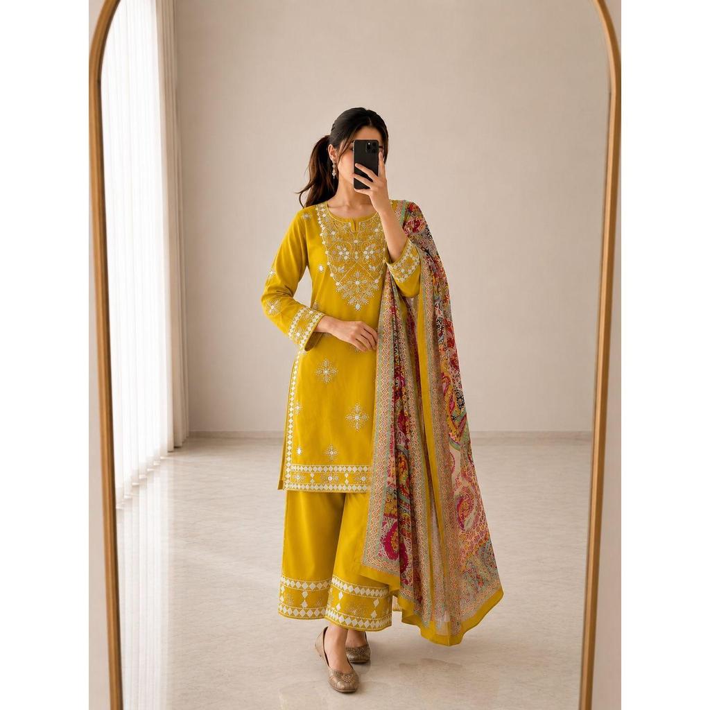 We are Launching Exclusively Festive & Party Wear Heavy Cotton With Embroidery Gotapati With Top-Bottom And Dupatta Set