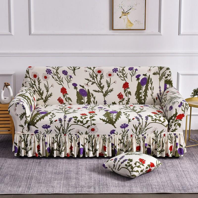 Elastic Stretchable Sofa Cover with Skirt Washable Furniture Protector Printed Slipcovers with Elastic Bottom for Living Room