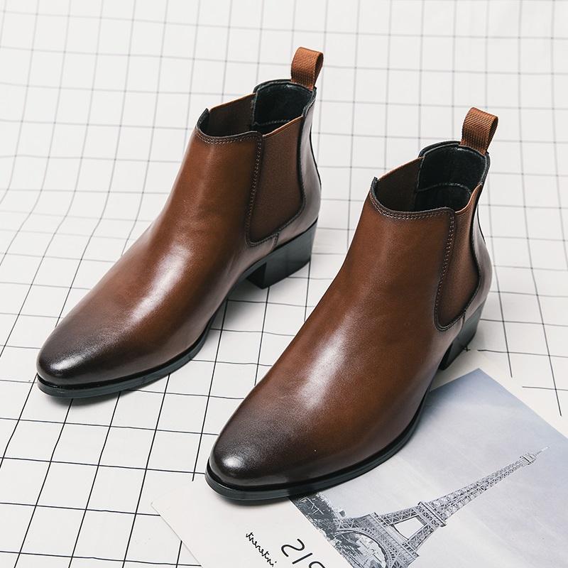 New Men's Pointed Brown Black Genuine Leather Chelsea Ankle Boots  British Designer Botas Trend Casual Luxury High Tops Shoes