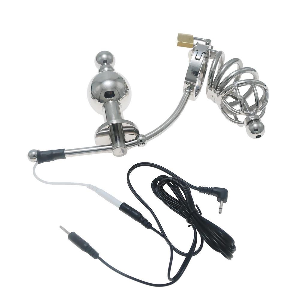 Chaqiu Electric Pulse CB Chastity Cage & Lock with Anal Plug Stainless Steel Set