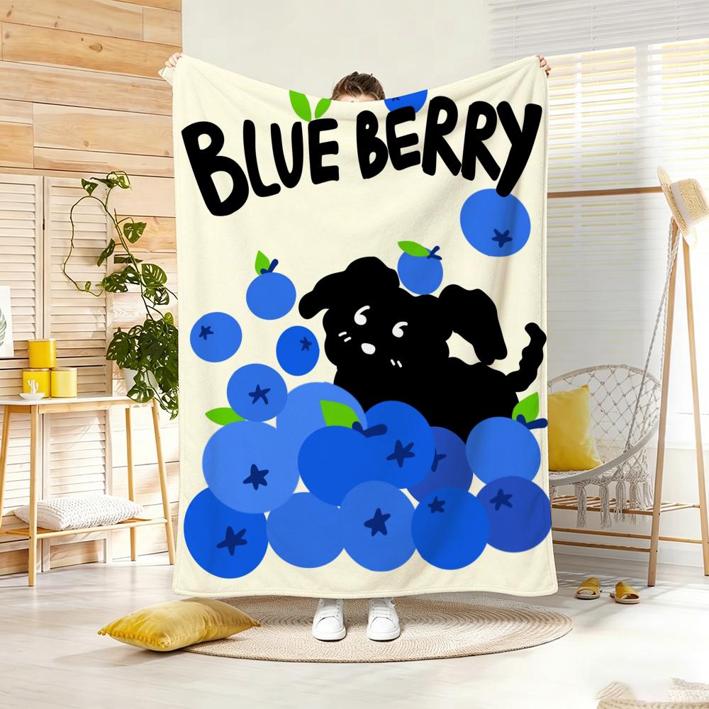 Cartoon character B-Blueberry Black Puppy Throw Lightweight 240g Flannel Blanket Soft Skin-friendly for Summer Cooling 75x90cm