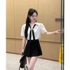 Korean-Style V-Neck Puff Sleeve White Tie Shirt & Skirt Set for Women – Loose, Stylish, Versatile Short Sleeve Two-Piece.