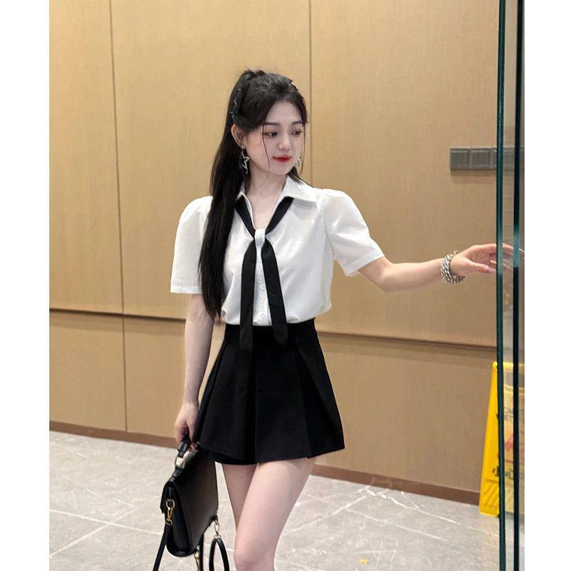 Korean-Style V-Neck Puff Sleeve White Tie Shirt & Skirt Set for Women – Loose, Stylish, Versatile Short Sleeve Two-Piece.