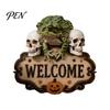 Outdoor Party Decorations Halloween Wooden Welcome Sign, Spooky Skull Frog Crow Witch Door Hanger, Hanging Plaque 2D Wall Sign for Home Decor Creative