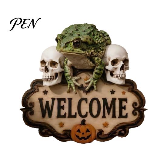 Outdoor Party Decorations Halloween Wooden Welcome Sign, Spooky Skull Frog Crow Witch Door Hanger, Hanging Plaque 2D Wall Sign for Home Decor Creative
