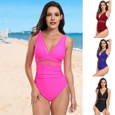 Kadın Monokini Derin V Yaka Kolsuz Karın Kontrolü Plaj Giysisi Zayıflama File Şeffaf Tek Parça Mayo