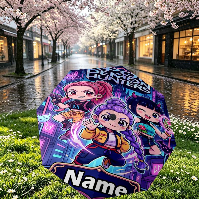 Custom Name Personalized Kpop Demon Hunter Print Umbrella, Auto Open Close, 8‑Rib Sturdy Frame, Commute Camping Hiking Use, Birthday Gift