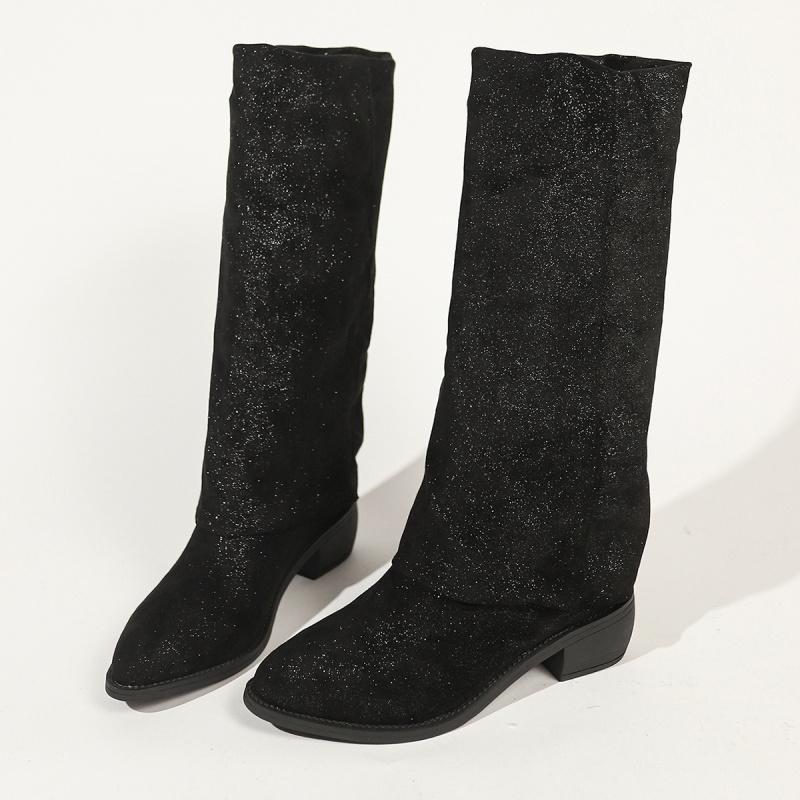 Luxury Glitter Women Pointed Toe Knee High Boots Fad Mid Heels Shoes Woman Winter 2025 Trend New Goth Chelsea Party Botas Mujer